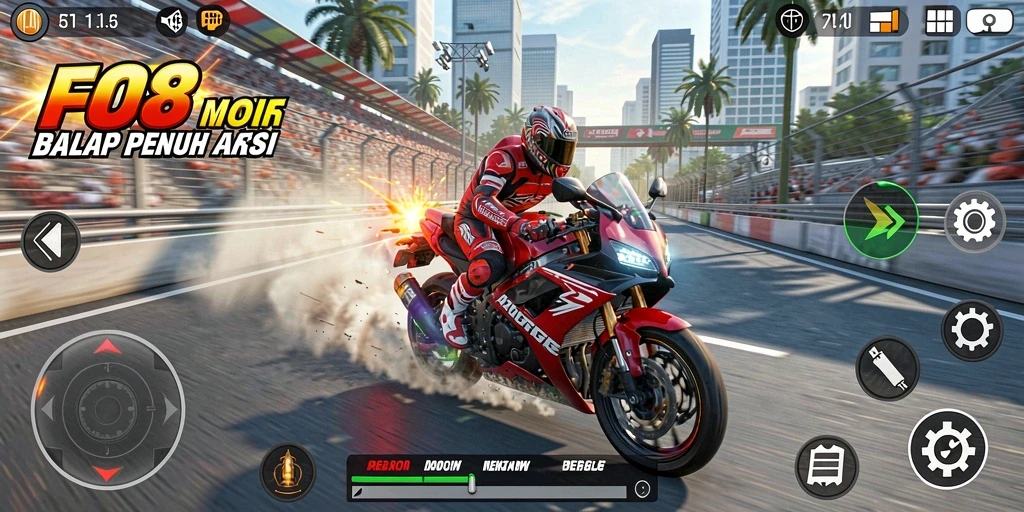 Tampilan aksi balap motor di FO8 yang mengesankan.