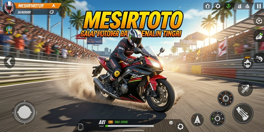 Gameplay mendebarkan MESIRTOTO dengan balapan motor cepat.