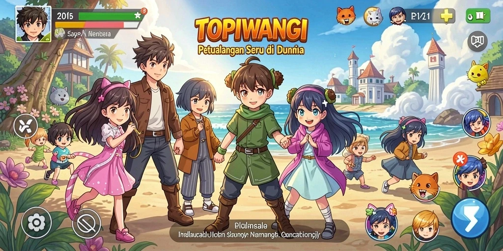 Tampilan gameplay <strong>TOPIWANGI</strong> yang penuh warna dan karakter menarik.