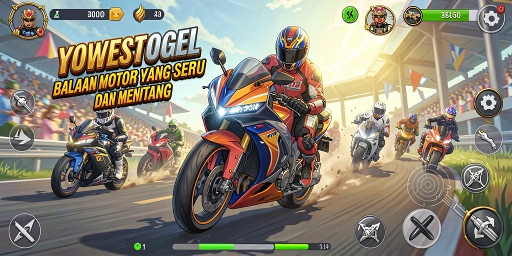Screenshot gameplay YOWESTOGEL menampilkan balapan motor yang menarik.